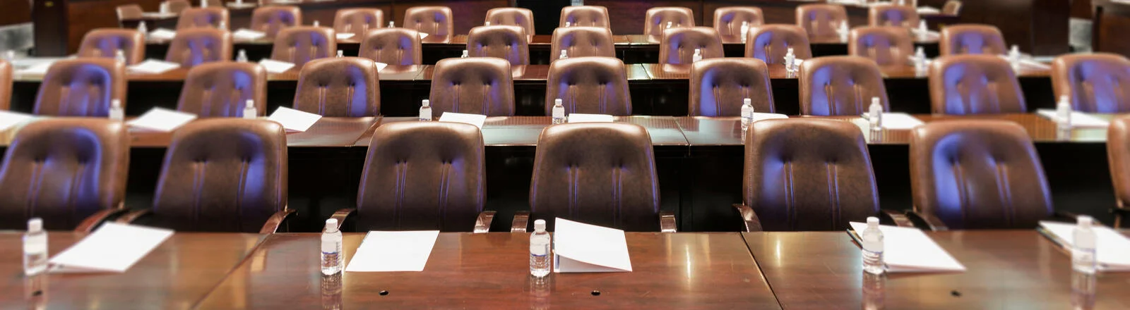 Interior of a modern conference hall for business meeting or parliamentary discussions.