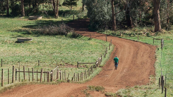 A Deakin Graduate Certificate of Agricultural Health and Medicine students walks along a dirt road at a farm. 