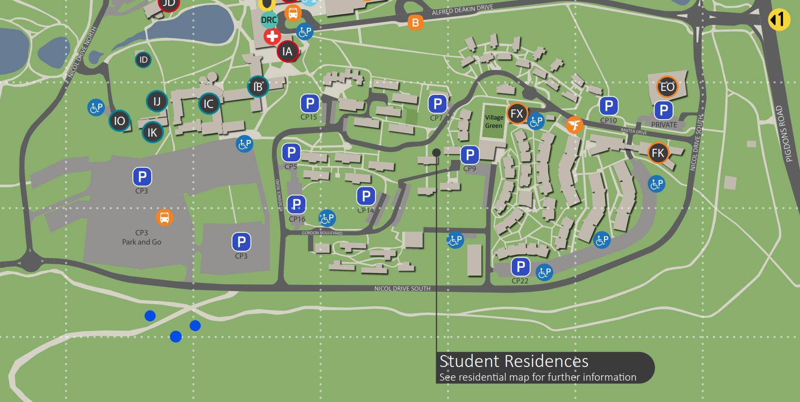 Map of Waurn Ponds Campus with location of blue trees marked